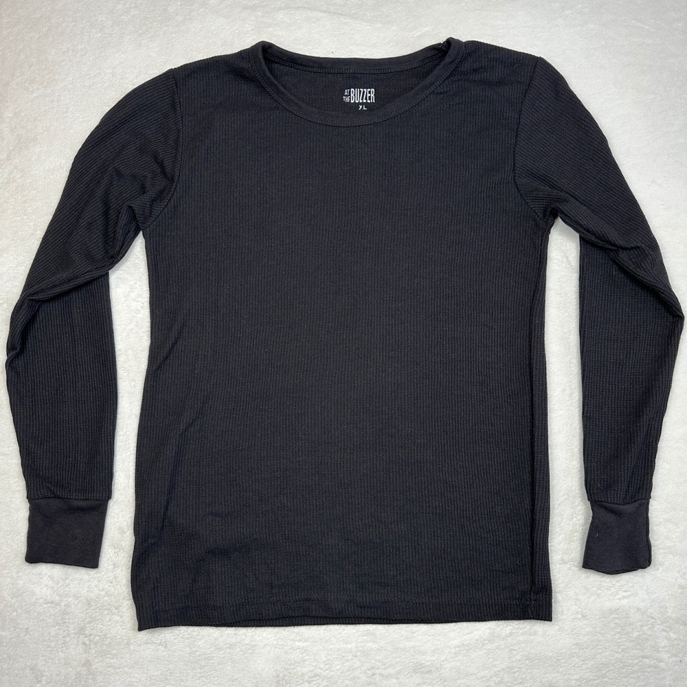 AT THE BUZZER Black Waffle Knit Long Sleeve‎ Thermal Shirt Top XL